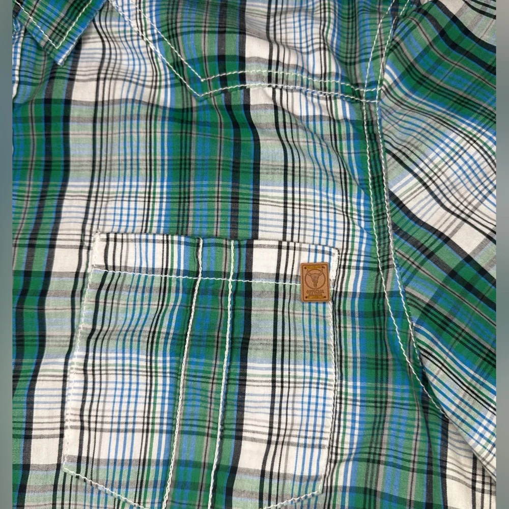 🦬 I Jeans by Buffalo Green Plaid short sleeve button down XL